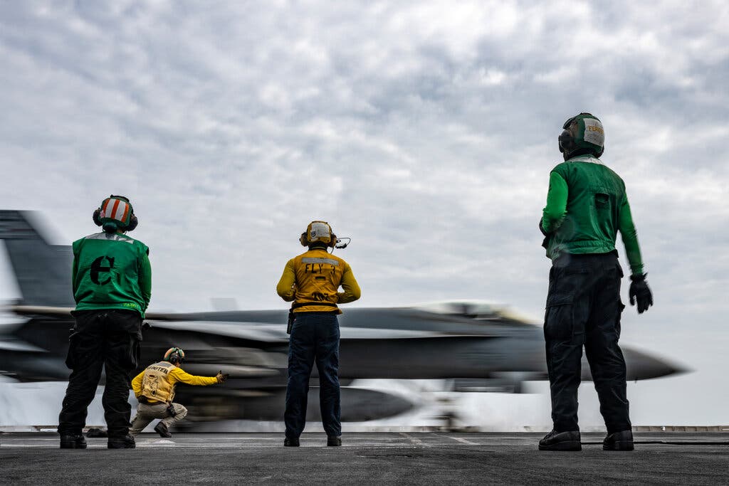 A F/A-18 Super Hornet launching from the aircraft carrier Dwight D. Eisenhower in the Red Sea last year for operations against Houthi targets in Yemen