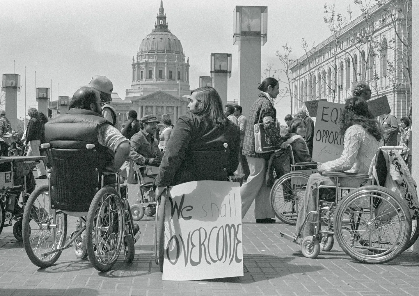 Activists participating in a 'Section 504' demonstration in UN Plaza, San Francisco, Calif., April 5, 1977