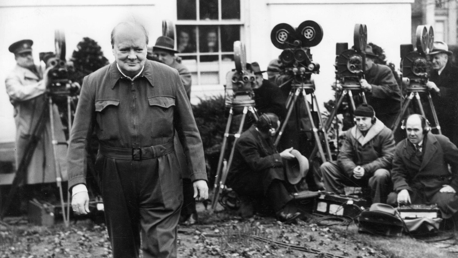 Prime Minister Winston Churchill pictured in his siren suit at the White House in January 1942