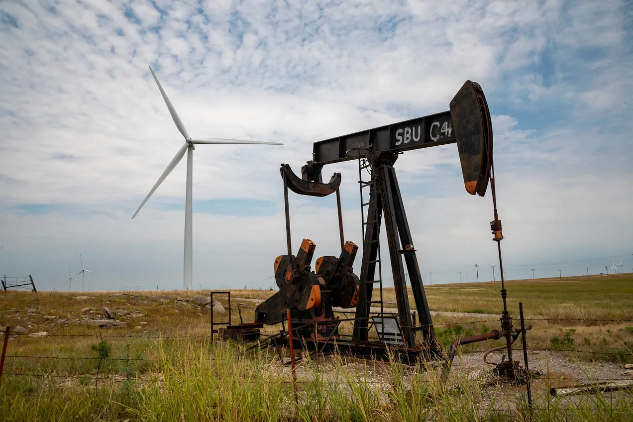 oil well and wind turbines on Osage Indian Reservation