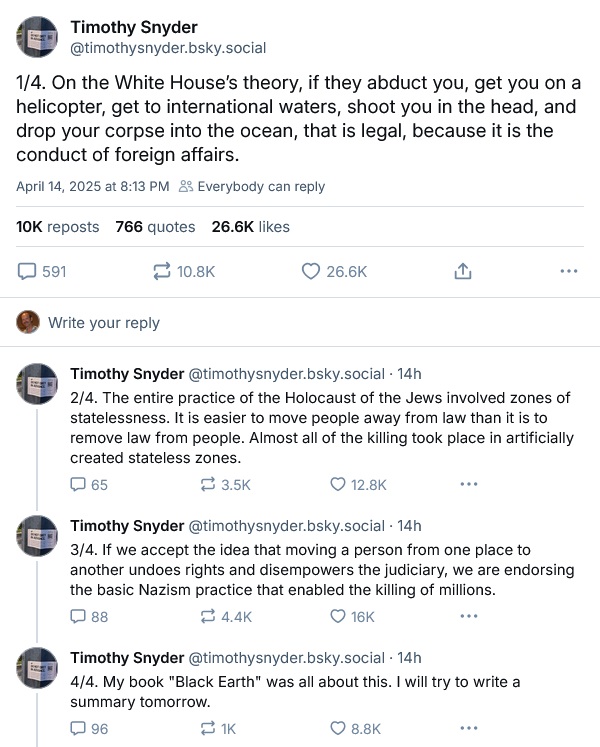 On the White House’s theory, if they abduct you, get you on a helicopter, get to international waters, shoot you in the head, and drop your corpse into the ocean, that is legal, because it is the conduct of foreign affairs.