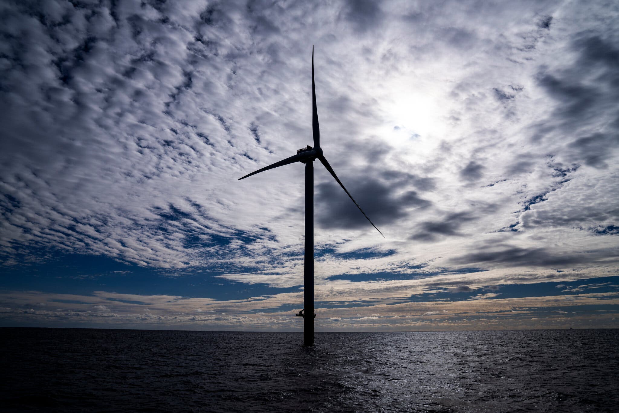 A wind turbine off the coast of Montauk, N.Y. The Empire Wind project was designed to produce 810 megawatts of energy