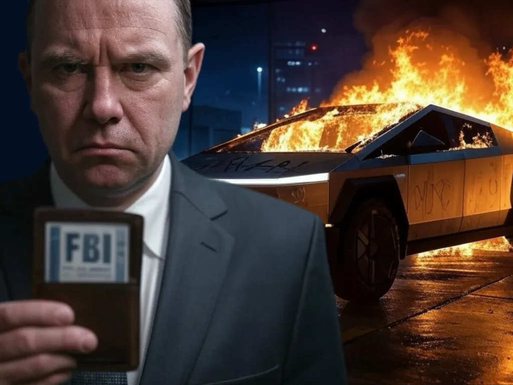 FBI agent in front of burnng Cybertruck