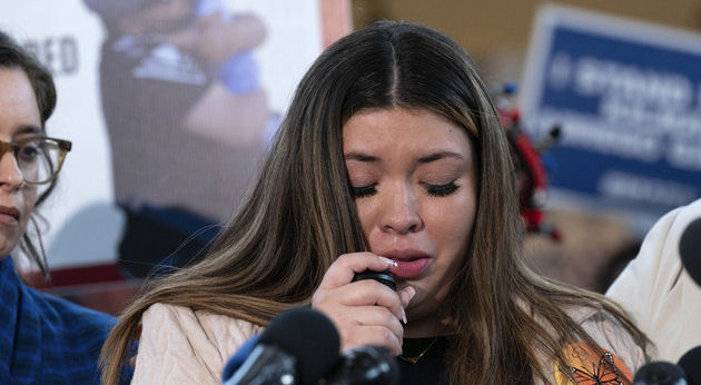 Jennifer Vasquez Sura, the wife of Kilmar Abrego Garcia, who was mistakenly deported to El Salvador, speaks during a news conference, April 4, 2025