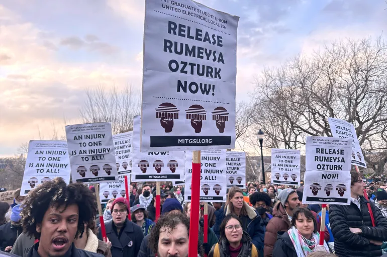 People gather in Somerville, Massachusetts, on March 26 to demand the release of Rumeysa Ozturk, a Turkish student at Tufts University