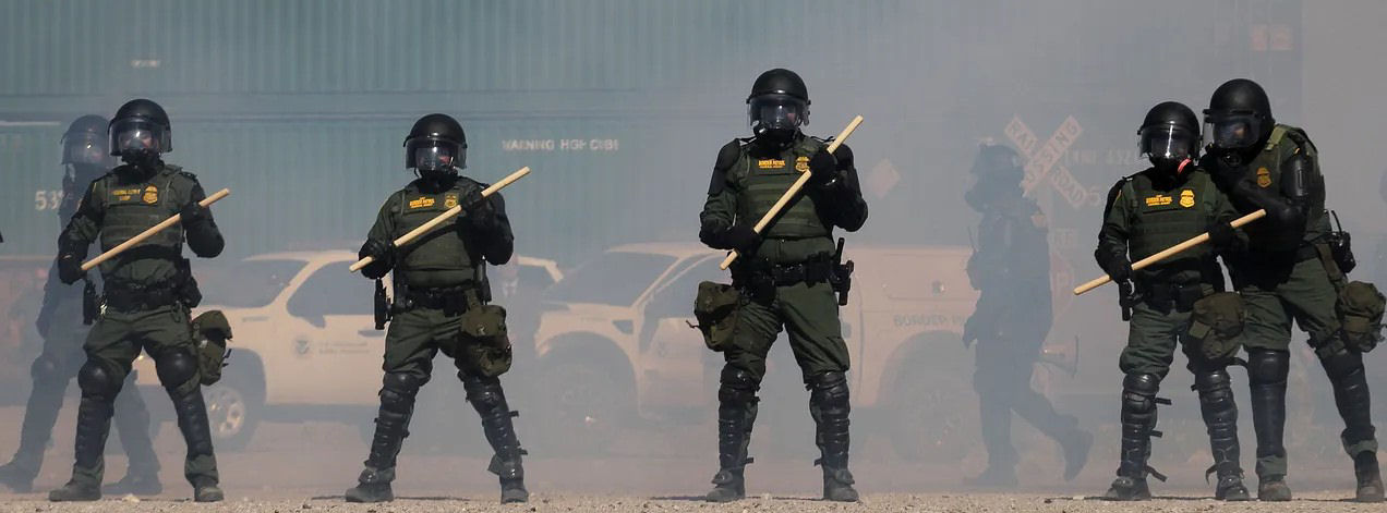 US Border Patrol, Immigration and Customs Enforcement (ICE) and Customs and Border Protection (CBP) agents take part in a safety drill in the Anapra area in Sunland Park, New Mexico
