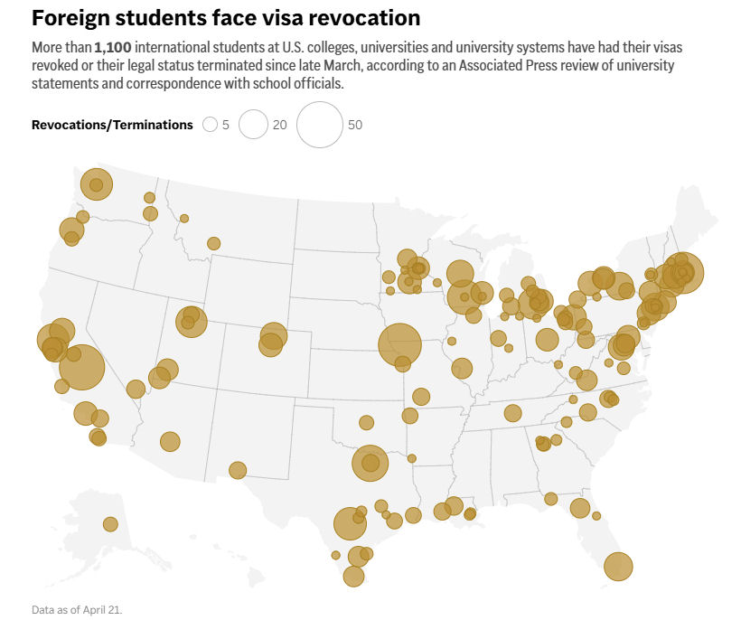 map of foreign student visa revocations