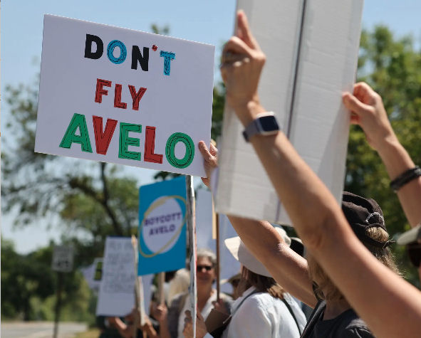 A protest against Avelo Airlines on May 18