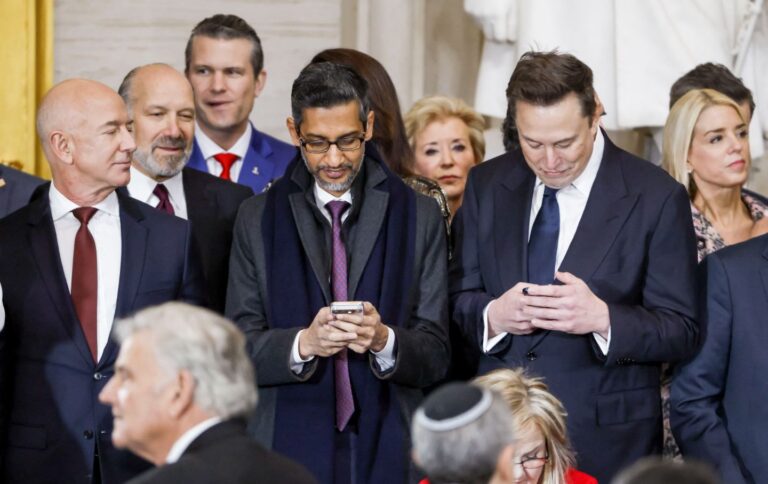 Jeff Bezos, Alphabet’s CEO Sundar Pichai, and Elon Musk attend the inauguration ceremony of President-elect Donald Trump in the US Capitol Rotunda in Washington, DC, on January 20, 2025. (Shawn Thew / Pool / AFP via Getty Images)