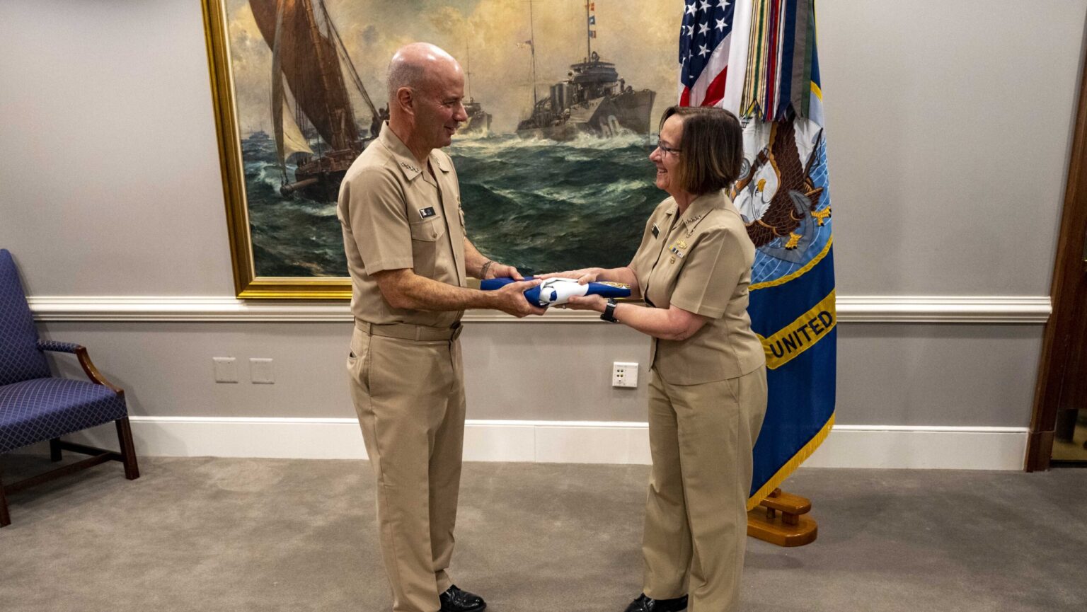 Then-Chief of Naval Operations Adm. Lisa Franchetti presents Adm. James Kilby with the Vice Chief of Naval Operations (VCNO) flag during an assumption of office ceremony held at the Pentagon, Jan. 5. (U.S. Navy photo by Chief Mass Communication Specialist Amanda R. Gray)