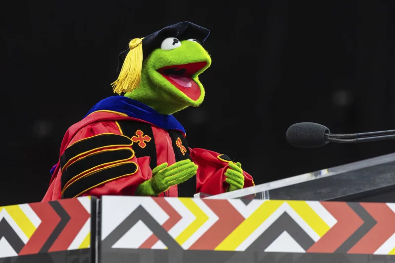 Kermit the Frog speaks during University of Maryland's commencement ceremony on Thursday, May 22, 2025, in College Park, Md. Riley Sims/University of Maryland
