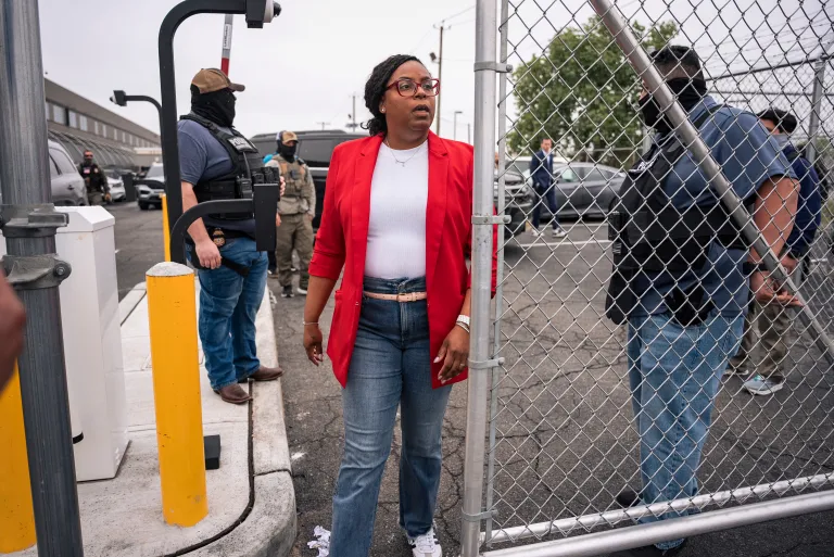 Rep. LaMonica McIver, D-N.J., exits ICE’s Delancey Hall immigration prison on May 9, 2025, in Elizabeth, N.J. Photo: Angelina Katsanis/AP