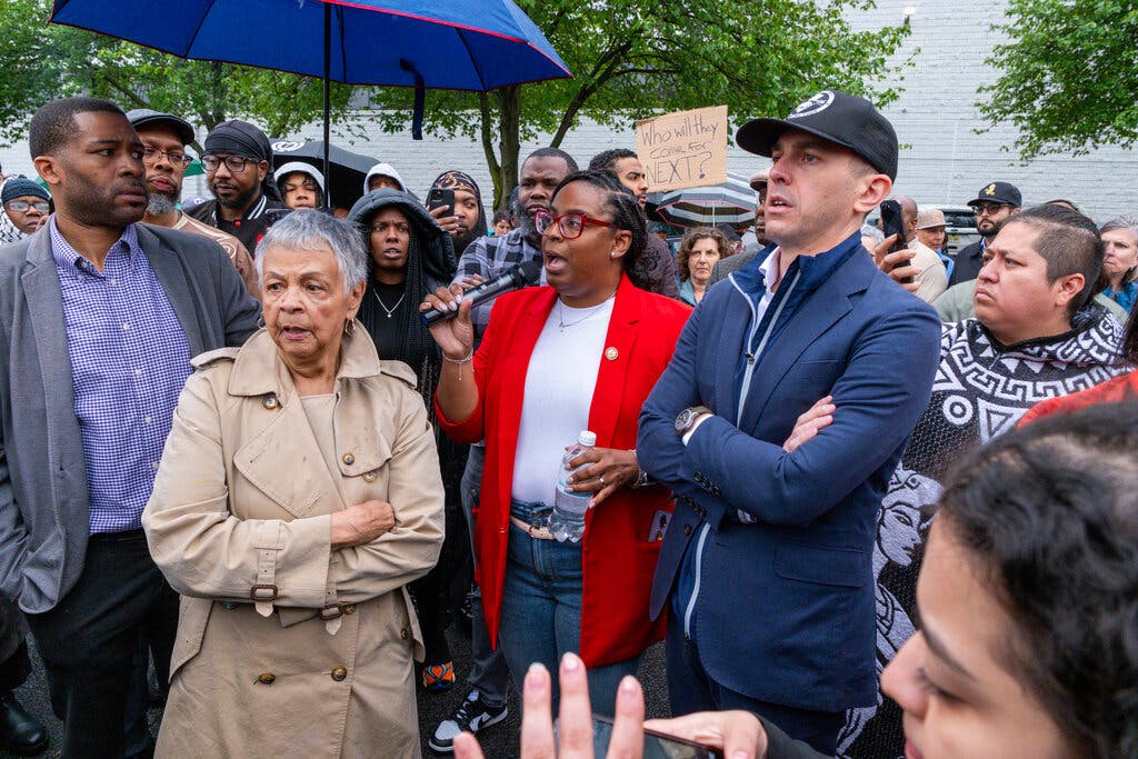 Representatives Bonnie Watson Coleman, center left, Rob Menendez, center right, and LaMonica McIver, center, went to an immigration detention center on Friday for what they described as a congressional oversight visit.