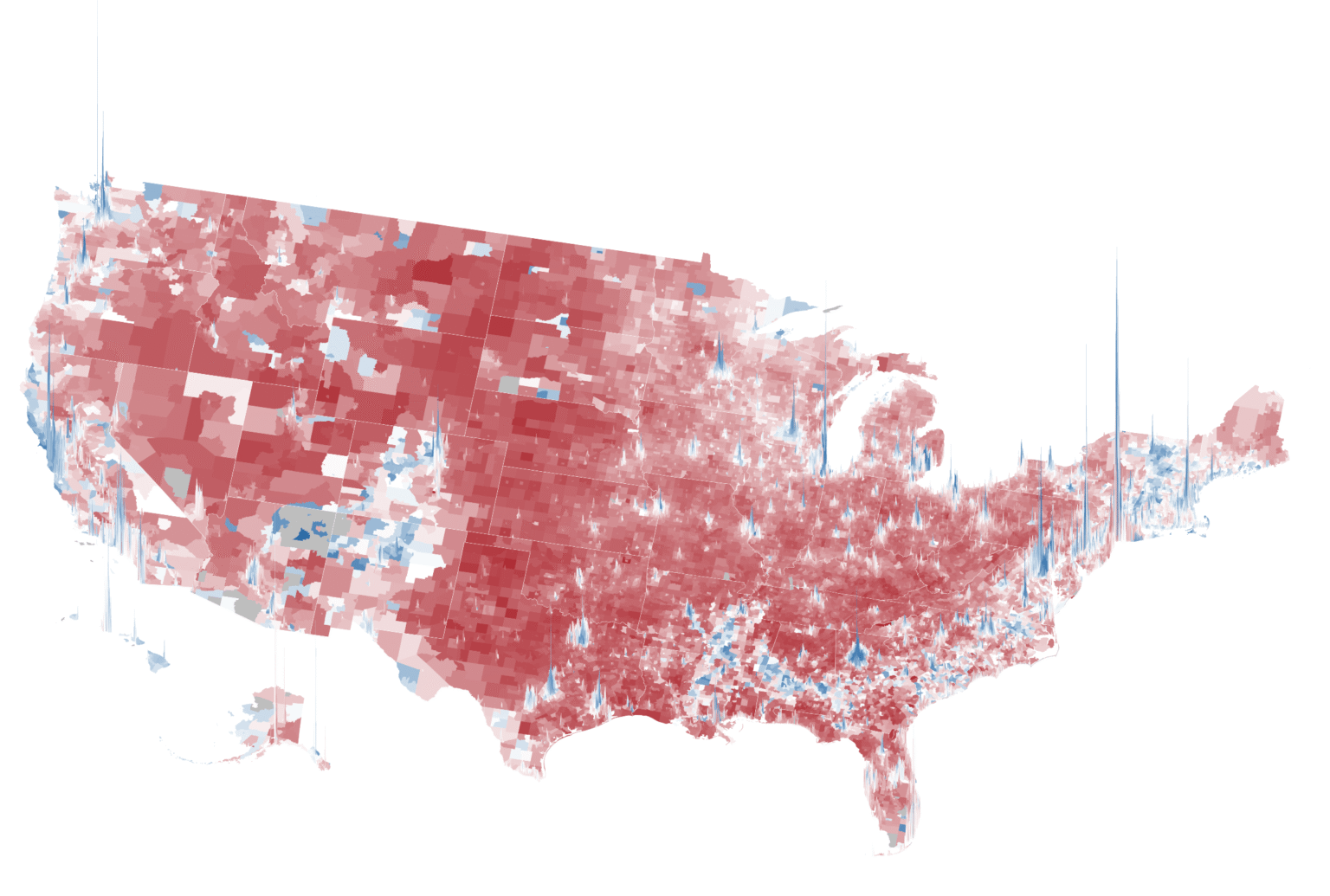 The Catalist voter file view of census tract-level election results for the 2024 general election. Areas with a stronger Democratic lean are blue while areas with a stronger Republican lean are red. The height of the columns represent population size