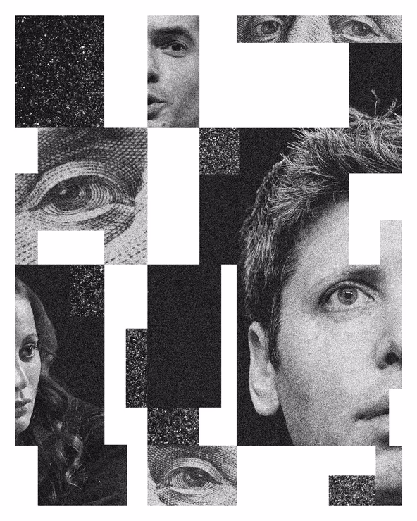 A photo collage showing the eyes of Sam Altman, Benjamin Franklin as he appears on the 100 dollar bill, Ilya Sutskever and Mira Murati. Illustration by Akshita Chandra / The Atlantic.*