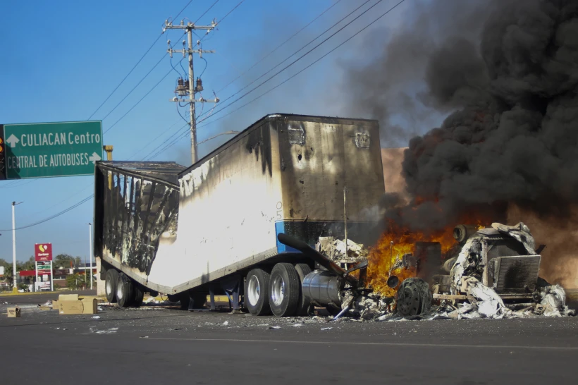 A truck burns on a street in Culiacan, Sinaloa state