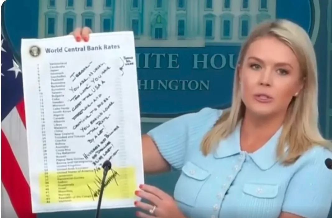 White House Press Secretary Karoline Leavitt holding up a sheet showing global interest rates and a message from US President Donald Trump to Federal Reserve Chair Jerome Powell. (Photo by ANDREW CABALLERO-REYNOLDS/AFP via Getty Images) · ANDREW CABALLERO-REYNOLDS via Getty Images White House Press Secretary Karoline Leavitt holding up a sheet showing global interest rates and a message from US President Donald Trump to Federal Reserve Chair Jerome Powell. (Photo by ANDREW CABALLERO-REYNOLDS/AFP via Getty Images) · ANDREW CABALLERO-REYNOLDS via Getty Images