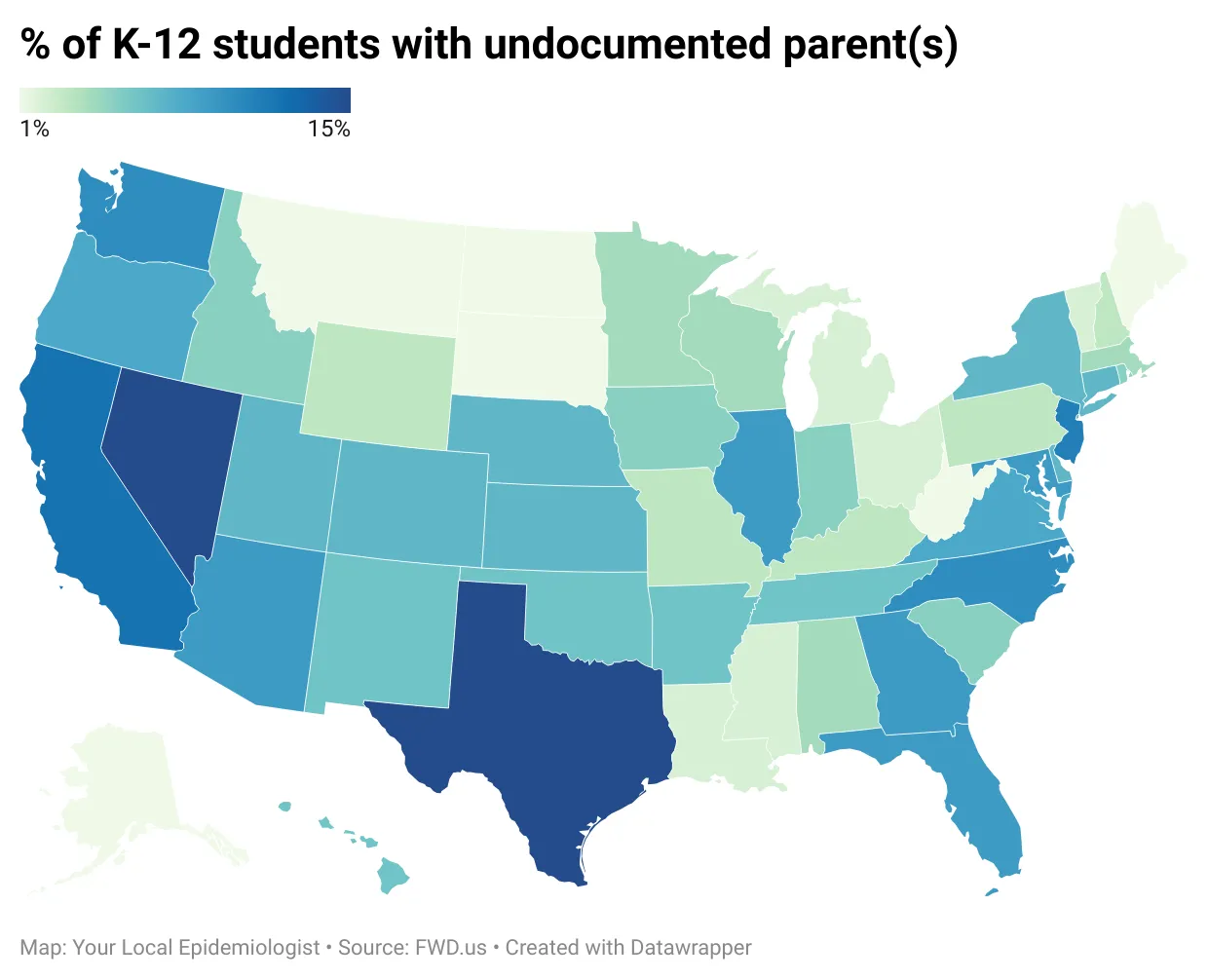 map of percentage of US students with undocumented parents