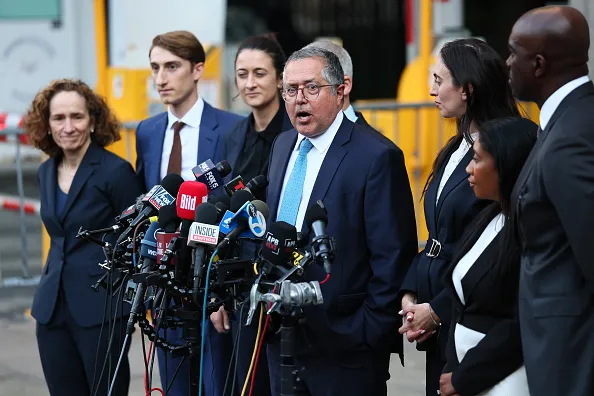 Marc Agnifilo (center), Alexandra Shapiro (left), and other lawyers for Sean Combs, speaking to the media after their client’s acquittal on sex trafficking and racketeering charges (photo by Michael M. Santiago via Getty Images).