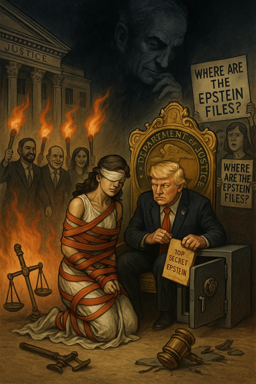 drawing of Roy Cohn smiling at Trump's actions