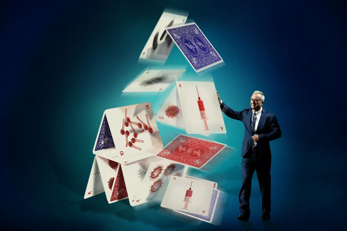 RFK vaccine stack of cards. Illustration by Andrea Wise/ProPublica. Source images: Rebecca Noble/Getty Images; Kateryna Kon/Science Photo Library/Getty Images, Максим Лебедик/Getty Images; Dennis Galante/Getty Images.