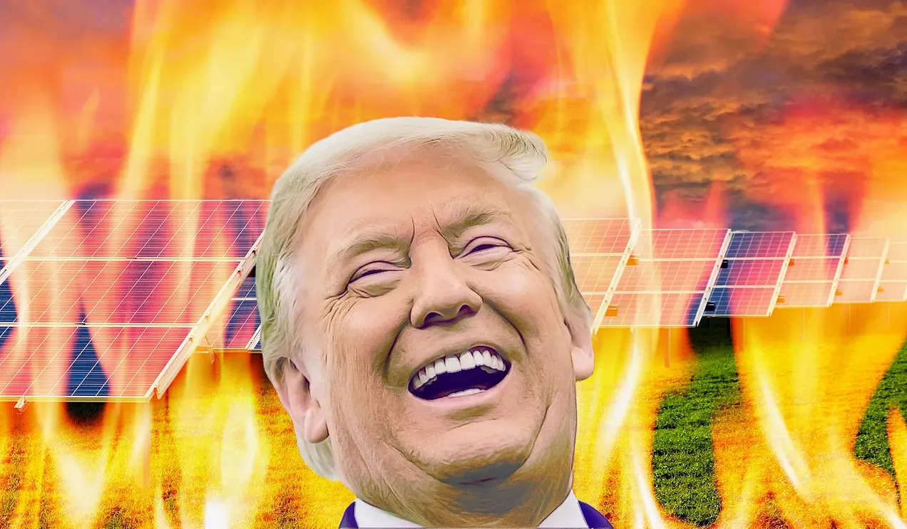 Trump laughing at flaming solar panels