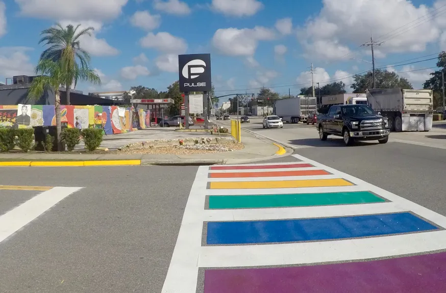 A rainbow crosswalk was installed on West Esther Street next to Pulse Nightclub on Oct. 11, 2017. (Orlando Sentinel file photo)