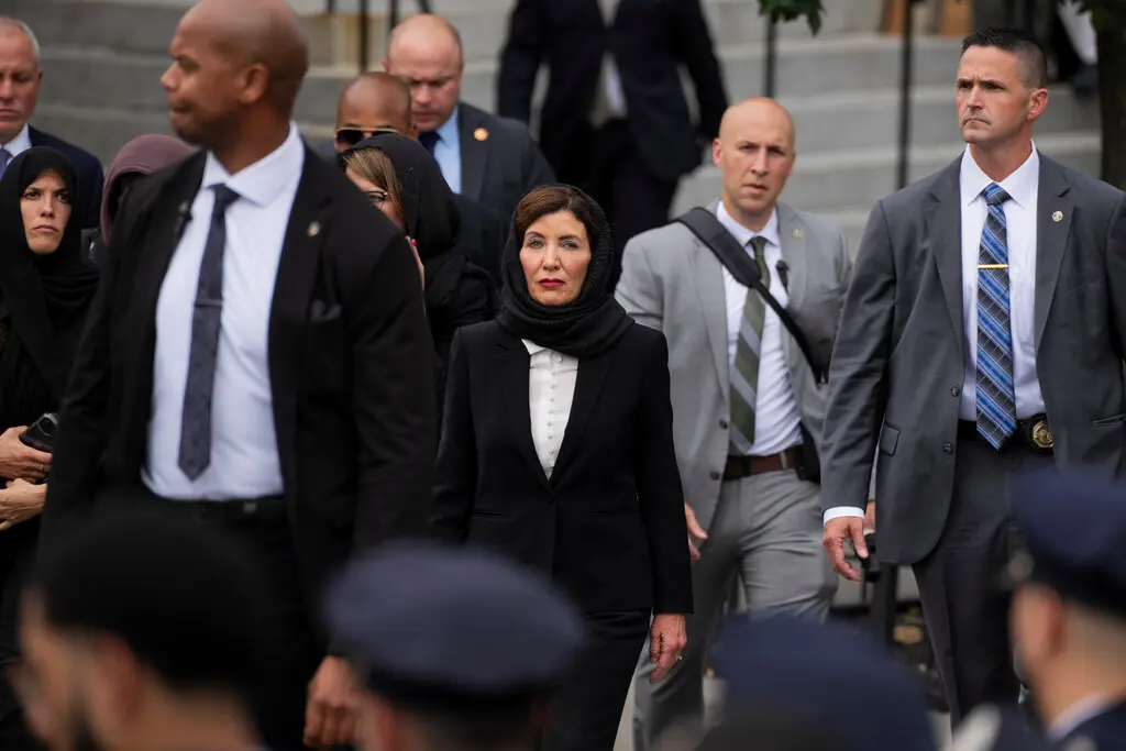 Gov. Kathy Hochul of New York at the funeral for Didarul Islam, a police officer killed in a shooting in Midtown Manhattan.Credit...Vincent Alban/The New York Times