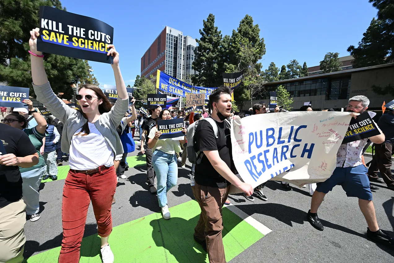 UCLA students, researchers and demonstrators rally during a “Kill the Cuts” protest against the Trump administration’s higher education funding cuts on April 8, 2025. (Photo by Robyn Beck/AFP via Getty Images)