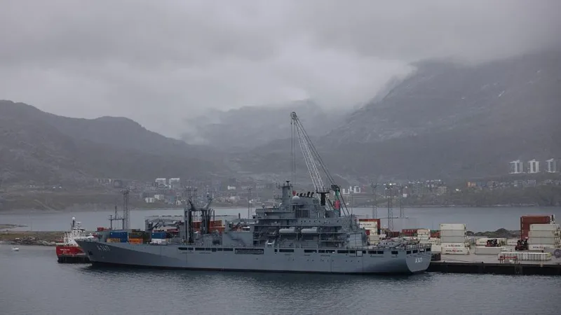 A German navy ship pictured docking in Greenland - a semi-autonomous territory of the Kingdom of Denmark