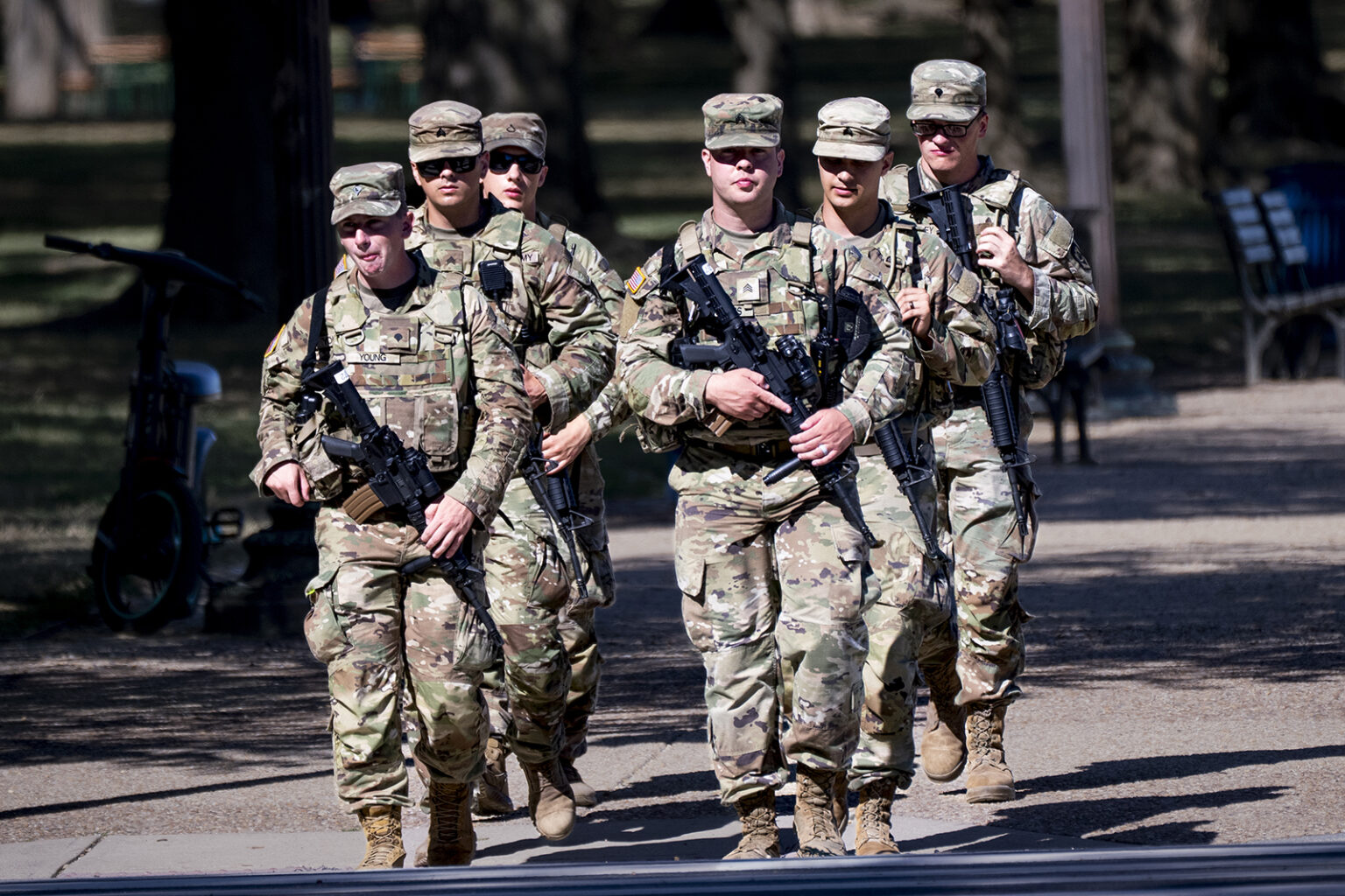 Armed National Guard soldiers from West Virginia patrol the National Mall near the Smithsonian Air and Space Museum in Washington, as part of President Donald Trump’s order to impose federal law enforcement in the nation’s capital, Aug. 26, 2025. (AP Photo/J. Scott Applewhite) Armed National Guard soldiers from West Virginia patrol the National Mall near the Smithsonian Air and Space Museum in Washington, as part of President Donald Trump’s order to impose federal law enforcement in the nation’s capital, Aug. 26, 2025. (AP Photo/J. Scott Applewhite)