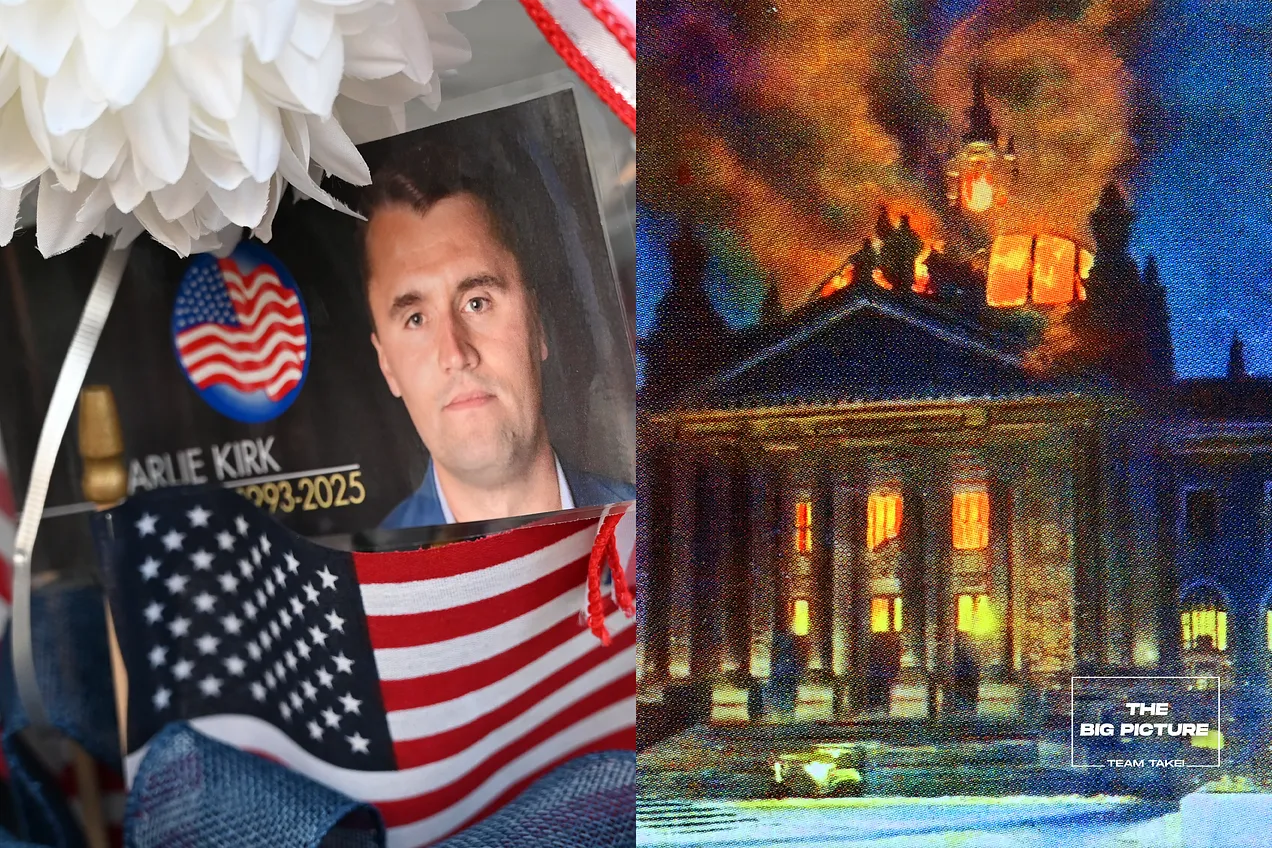 LEFT: Mourners lay flowers and light candles in a heartfelt vigil for Charlie Kirk outside the Turning Point USA Legacy Center. Photo by Jacek Boczarski/Anadolu via Getty Images. RIGHT: The Reichstag fire was an arson attack on the Reichstag building in Berlin on 27 February 1933. Photo by: Universal History Archive/Universal Images Group via Getty Images.