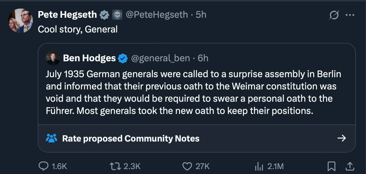 Hegseth response to Hodges