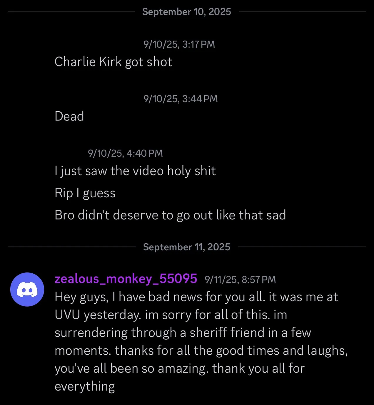 Screenshot of leaked Discord message from Tyler Robinson (username: zealous_monkey_55095; other usernames redacted)