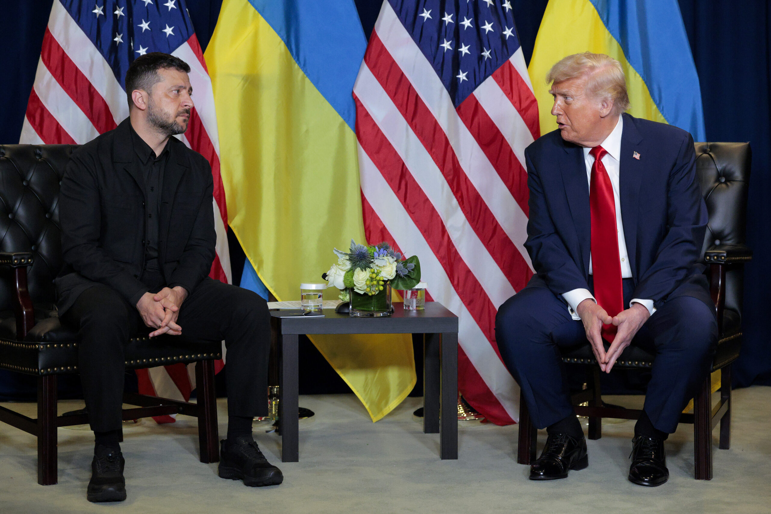 President Donald Trump speaks during a meeting with Ukraine President Volodymyr Zelensky at the 80th session of the U.N.’s General Assembly. (Photo by Chip Somodevilla/Getty Images)