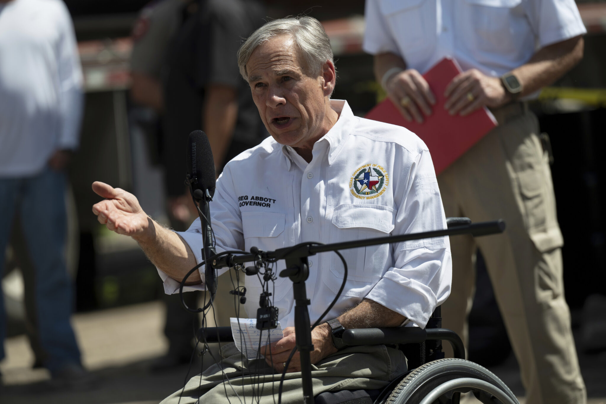 Texas Gov. Greg Abbott speaks during a press conference on Tuesday, July 8, 2025. (AP Photo/Eli Hartman)