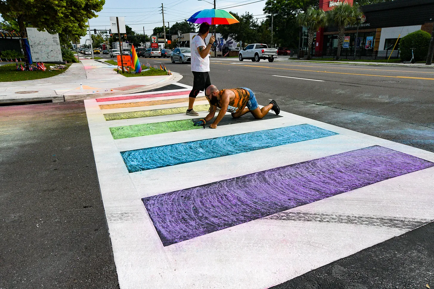 The crosswalk at the intersection next to the site of the Pulse nightclub shooting. (Photo by Ronaldo Silva/NurPhoto via AP)