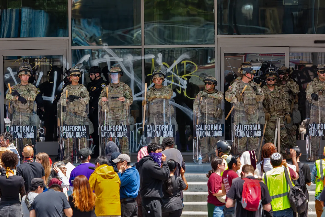 California National Guard in front of peaceful protestors in Los Angeles, a city that President Trump characterized on social media as being filled with “violent, insurrectionist mobs”