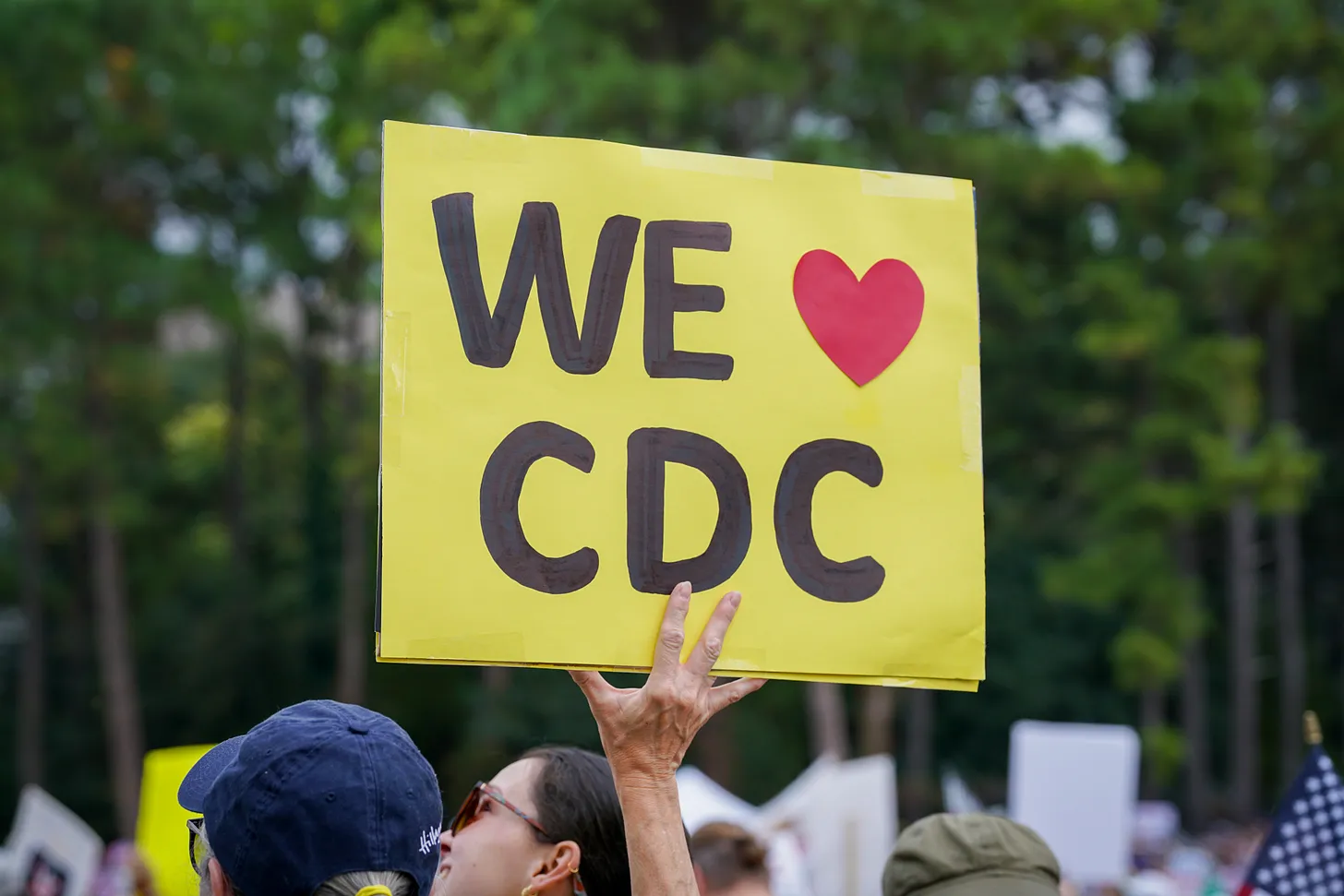 Seen during the “No Kings” rally in Atlanta on October 18, 2025: a sign expressing support for the Atlanta-based Centers for Disease Control and Prevention. (Photo by Julia Beverly/Getty Images)