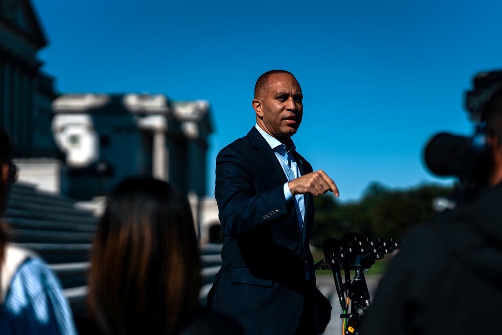 Representative Hakeem Jeffries, the House Democratic leader, criticized the president’s grant of clemency to Jan. 6 rioters.Credit...Tierney L. Cross/The New York Times