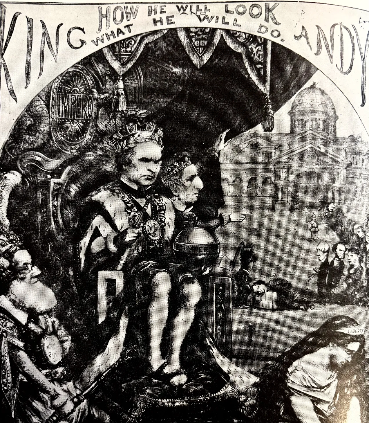 a “King Andy” political cartoon against President Johnson circulated during the congressional election of 1866 by the radical Republicans who won a supermajority a “King Andy” political cartoon against President Johnson circulated during the congressional election of 1866 by the radical Republicans who won a supermajority