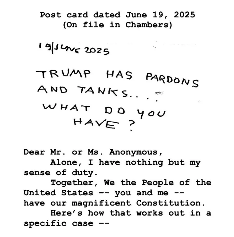 Post card in Judge Young chambers