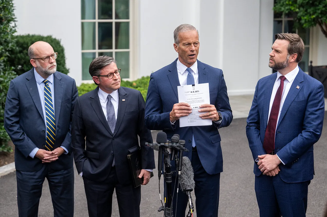 From left: OMB Director Russ Vought, House Speaker Mike Johnson, Senate Majority Leader John Thune, and Vice President JD Vance. You’re in good hands. (Photo by JIM WATSON / AFP via Getty Images.)