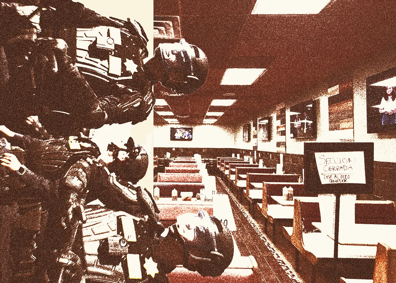 Carniceria Aguascalientes, a local Little Village dinner spot, was empty in October when The Bulwark visited. The lack of patrons was a stark contrast to the summer before their community feared persecution. (Photo by Adrian Carrasquillo / Composite with GettyImage by Tayfun Coskun)