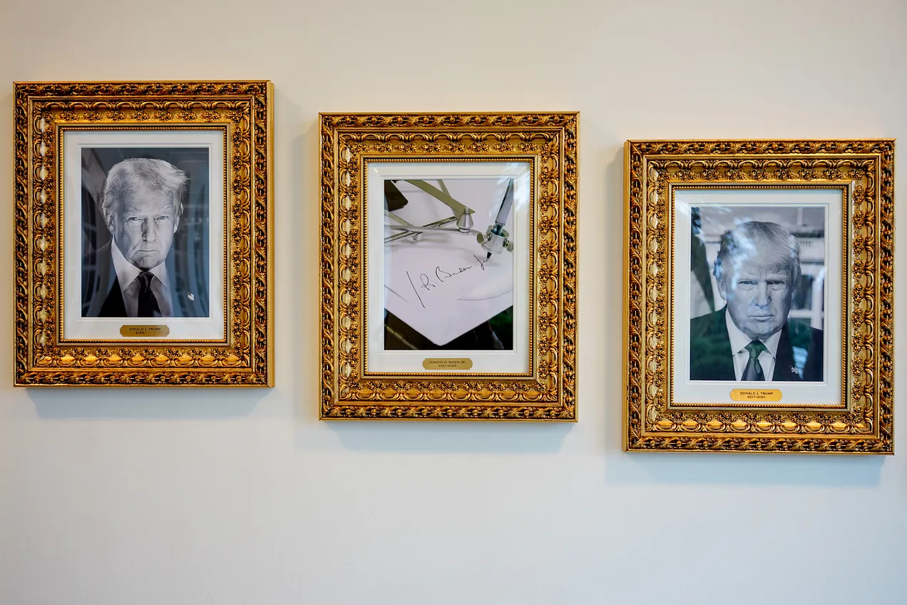 The portraits of presidents as seen outside the Oval Office, except former President Biden, whose portrait is an autopen. (Andrew Harnik/Getty)