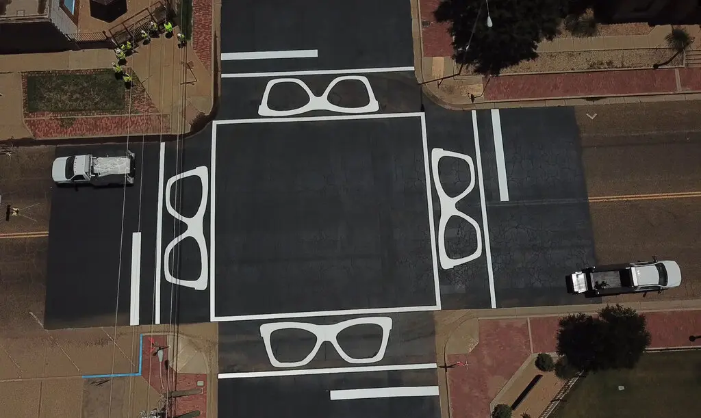 The Buddy Holly glasses artwork was installed in the crosswalks in 2020. Credit...City of Lubbock, via Associated Press