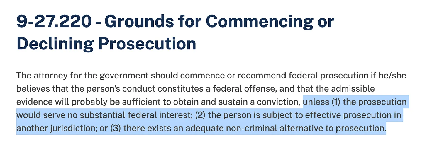 The Principles of Federal Prosecution guide decisions about charging defendants. It’s hard to see how they were followed in the sandwich case. The Principles of Federal Prosecution guide decisions about charging defendants. It’s hard to see how they were followed in the sandwich case.