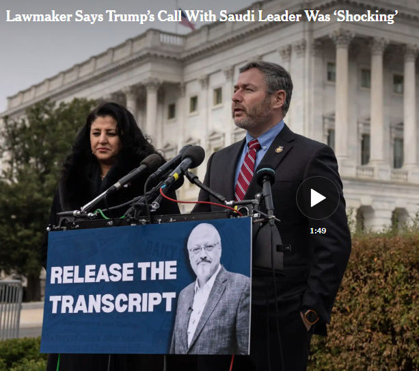 Representative Eugene Vindman, Democrat of Virginia, called for the declassification of a 2019 conversation between Trump and Crown Prince Mohammed bin Salman of Saudi Arabia which took place shortly after the murder of journalist Jamal Khashoggi.CreditCredit...Anna Rose Layden for The New York Times