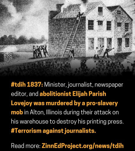 November 7, 1837 Elijah Parish murdered by pro-slavery mob