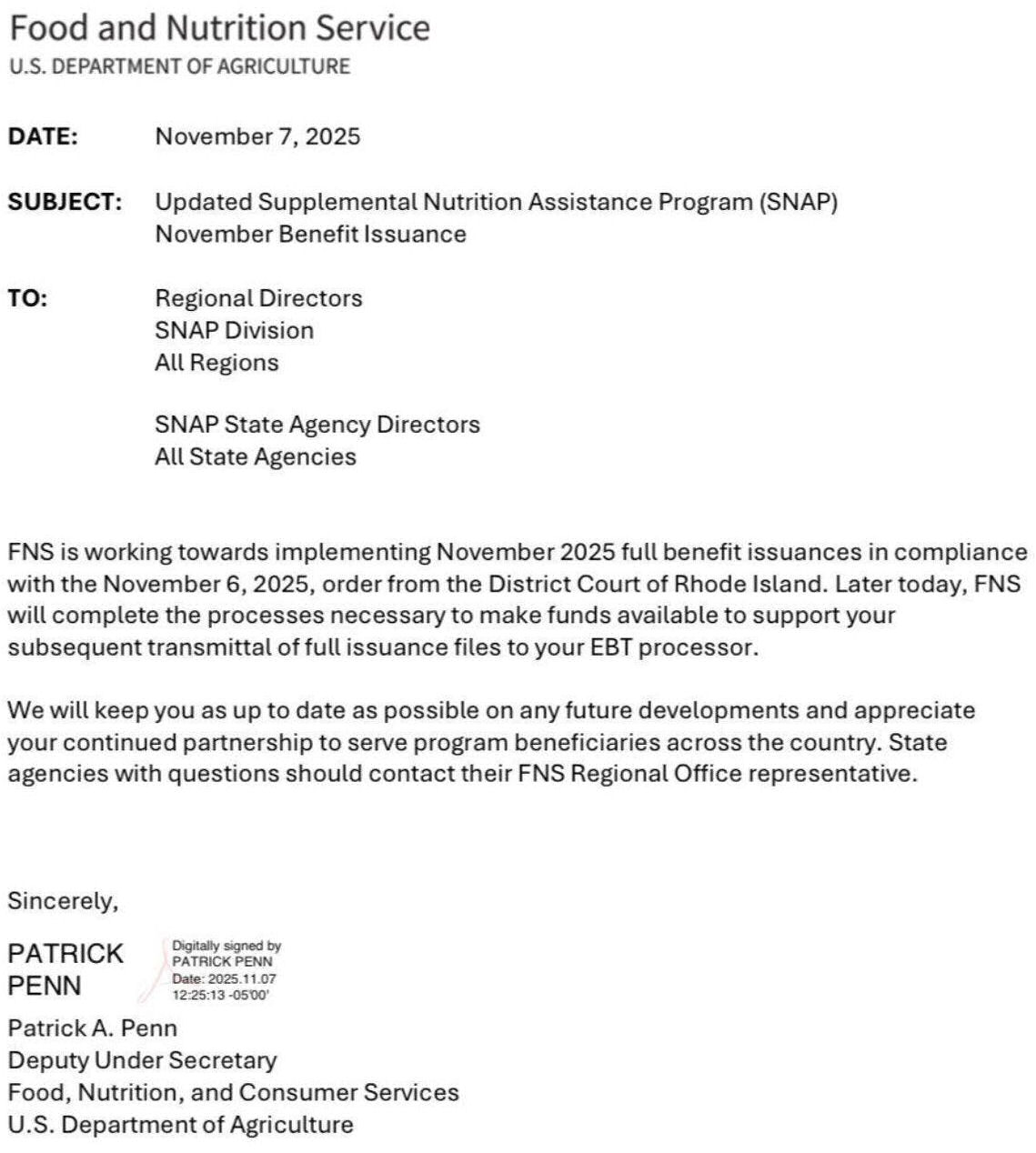 memo sent to state administrators